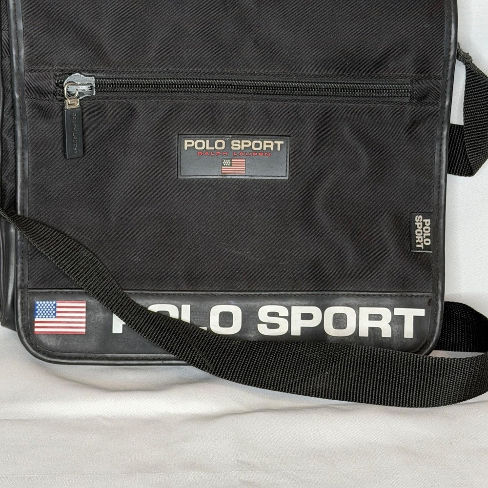 Vtg‎ Polo Sport Ralph Lauren messenger black bag nylon Y2K USA flag logo 11x11x2